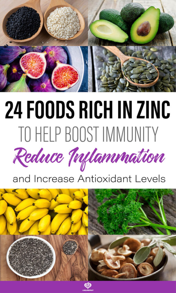 Diferentes alimentos ricos en zinc con texto: 24 alimentos ricos en zinc para ayudar a reforzar la inmunidad, reducir la inflamación y aumentar los niveles de antioxidantes